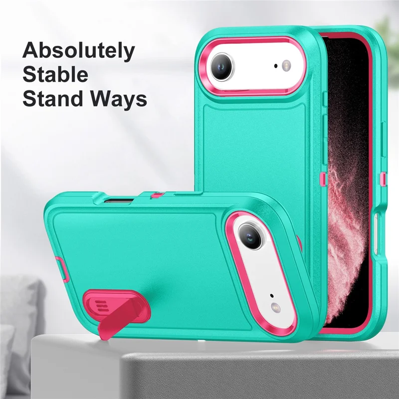 For iPhone Air Case Case Kickstand Phone Cover PC + Silicone + EVA 3-in-1 Design - Light Cyan + Rose