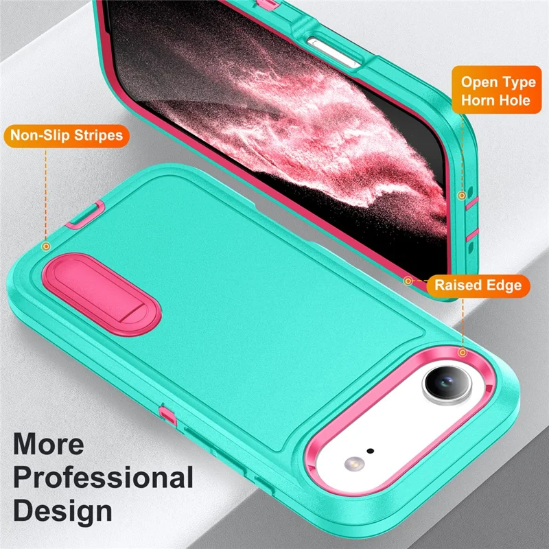 For iPhone Air Case Case Kickstand Phone Cover PC + Silicone + EVA 3-in-1 Design - Light Cyan + Rose