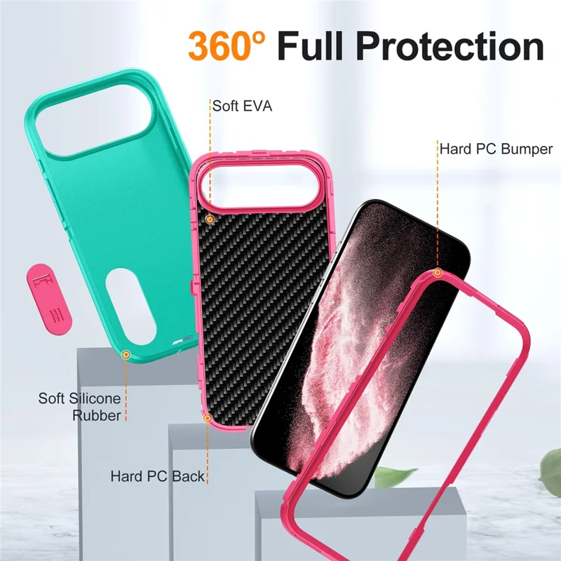 For iPhone Air Case Case Kickstand Phone Cover PC + Silicone + EVA 3-in-1 Design - Light Cyan + Rose