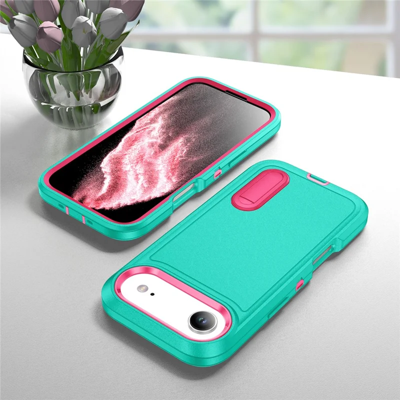 For iPhone Air Case Case Kickstand Phone Cover PC + Silicone + EVA 3-in-1 Design - Light Cyan + Rose