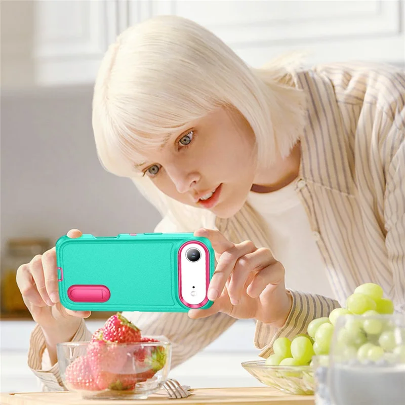 For iPhone Air Case Case Kickstand Phone Cover PC + Silicone + EVA 3-in-1 Design - Light Cyan + Rose