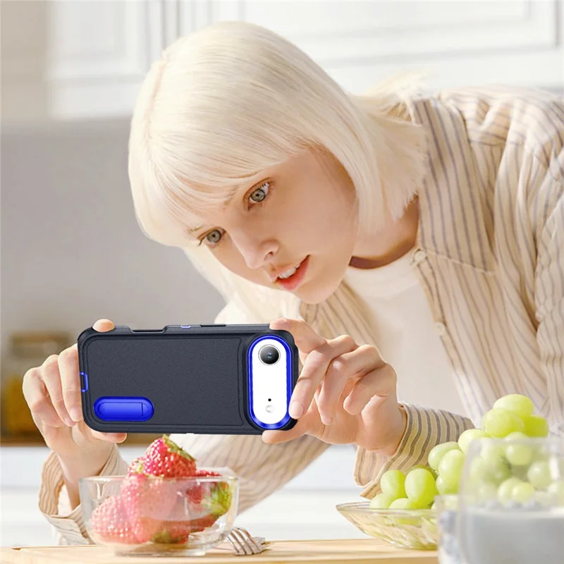 For iPhone Air Case Case Kickstand Phone Cover PC + Silicone + EVA 3-in-1 Design - Dark Blue + Sapphire