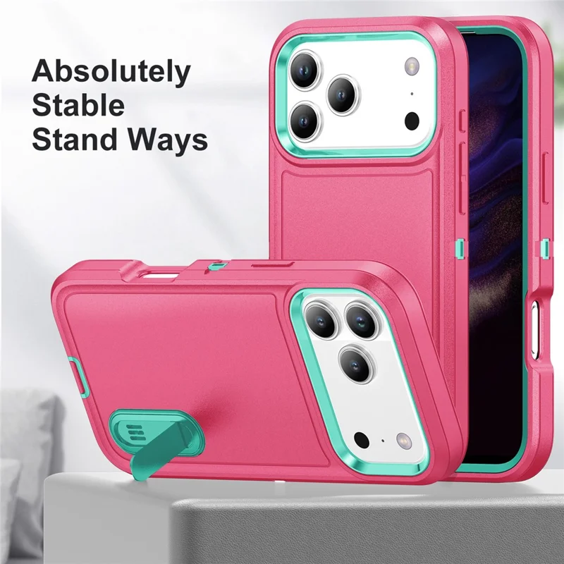 Handyhülle für iPhone 17 Pro Max mit Ständer, PC + Silikon + EVA 3-in-1 Design - Rosa + Hellcyan