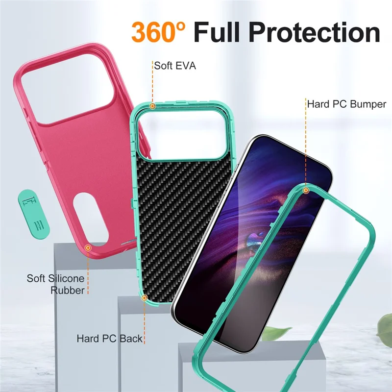 Handyhülle für iPhone 17 Pro Max mit Ständer, PC + Silikon + EVA 3-in-1 Design - Rosa + Hellcyan