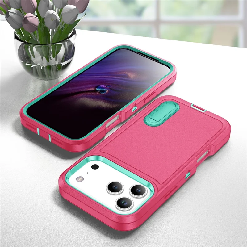 Handyhülle für iPhone 17 Pro Max mit Ständer, PC + Silikon + EVA 3-in-1 Design - Rosa + Hellcyan