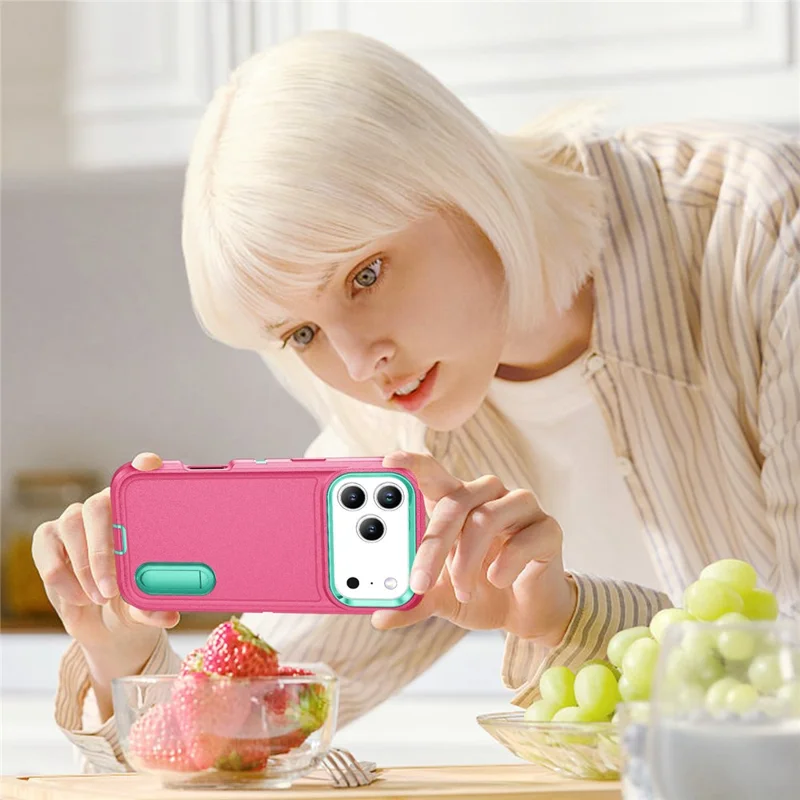 Handyhülle für iPhone 17 Pro Max mit Ständer, PC + Silikon + EVA 3-in-1 Design - Rosa + Hellcyan