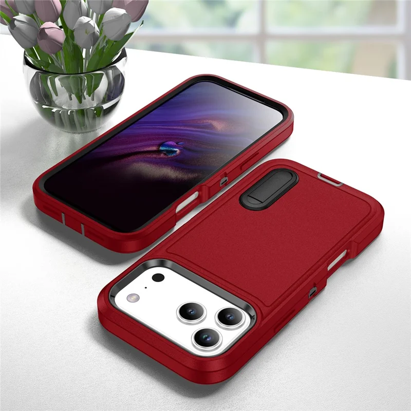 For iPhone 17 Pro Max Case Case Kickstand Phone Cover PC + Silicone + EVA 3-in-1 Design - Red + Black