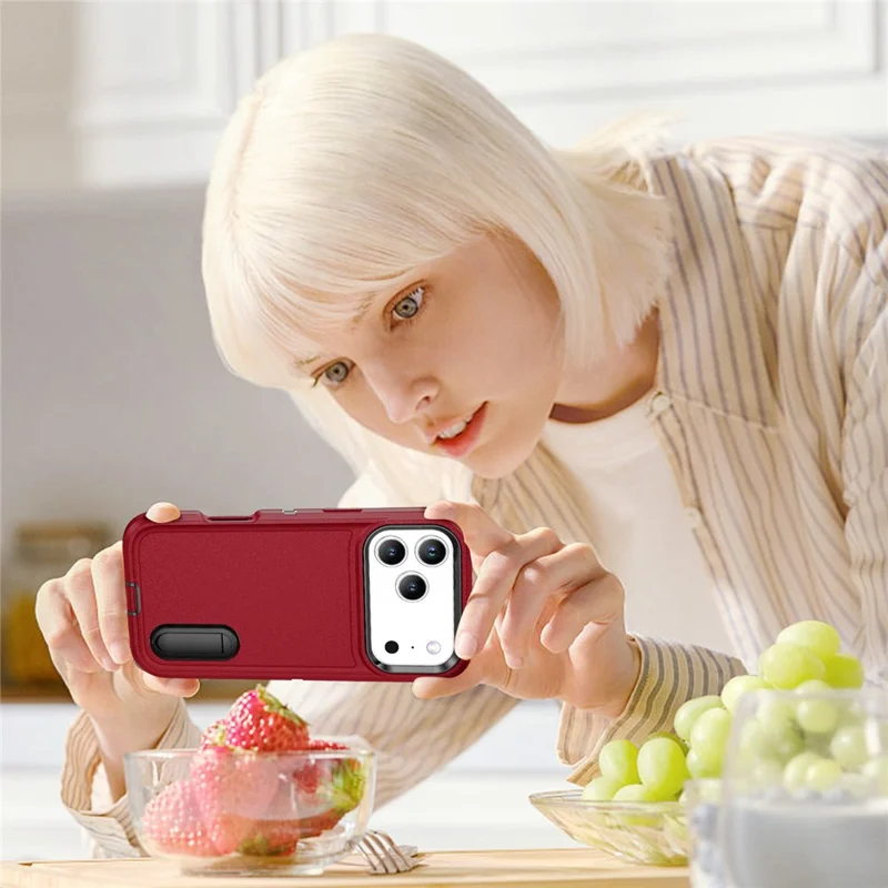 For iPhone 17 Pro Max Case Case Kickstand Phone Cover PC + Silicone + EVA 3-in-1 Design - Red + Black