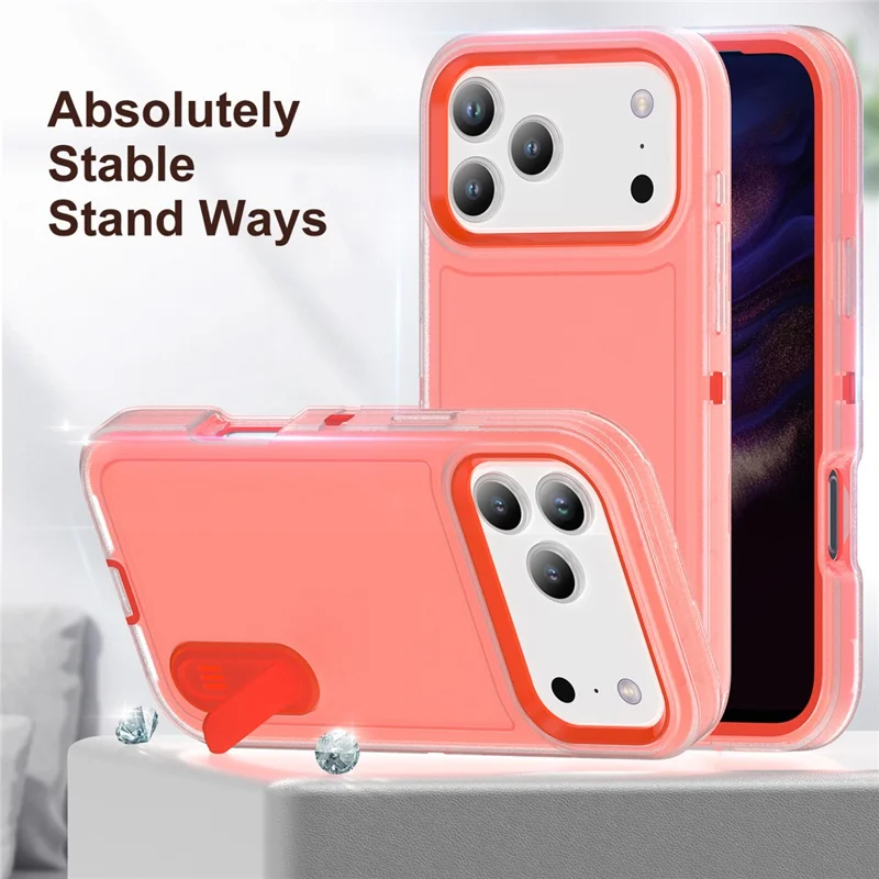 For iPhone 17 Pro Max Case Case Kickstand Phone Cover PC + Silicone + EVA 3-in-1 Design - Transparent + Orange
