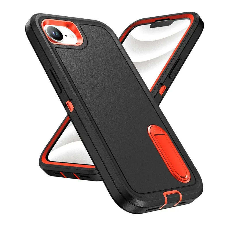 For iPhone 17e / 16e Case Case Kickstand Phone Cover PC + Silicone + EVA 3-in-1 Design - Black + Orange