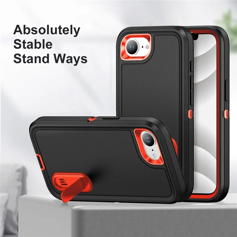 For iPhone 17e / 16e Case Case Kickstand Phone Cover PC + Silicone + EVA 3-in-1 Design - Black + Orange