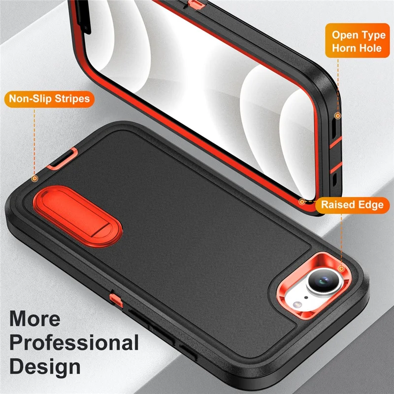 For iPhone 17e / 16e Case Case Kickstand Phone Cover PC + Silicone + EVA 3-in-1 Design - Black + Orange