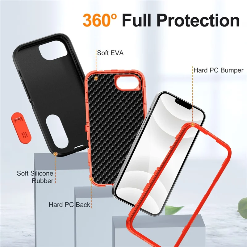 For iPhone 17e / 16e Case Case Kickstand Phone Cover PC + Silicone + EVA 3-in-1 Design - Black + Orange