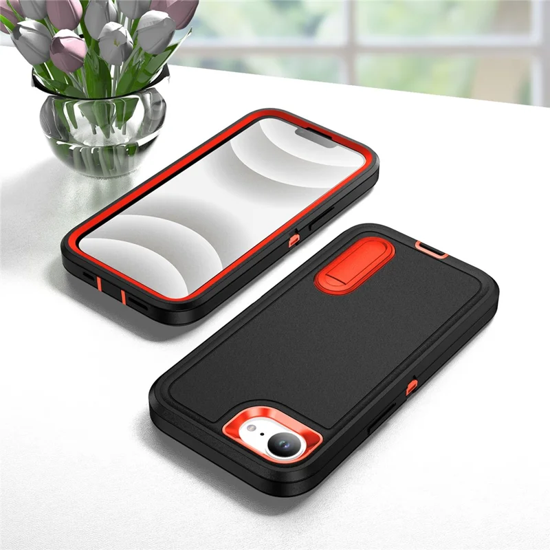 For iPhone 17e / 16e Case Case Kickstand Phone Cover PC + Silicone + EVA 3-in-1 Design - Black + Orange