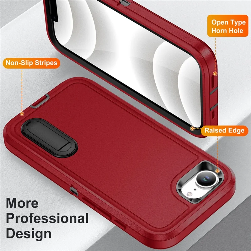 For iPhone 17e / 16e Case Case Kickstand Phone Cover PC + Silicone + EVA 3-in-1 Design - Red + Black