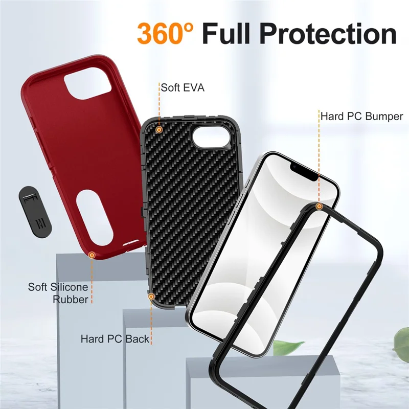For iPhone 17e / 16e Case Case Kickstand Phone Cover PC + Silicone + EVA 3-in-1 Design - Red + Black