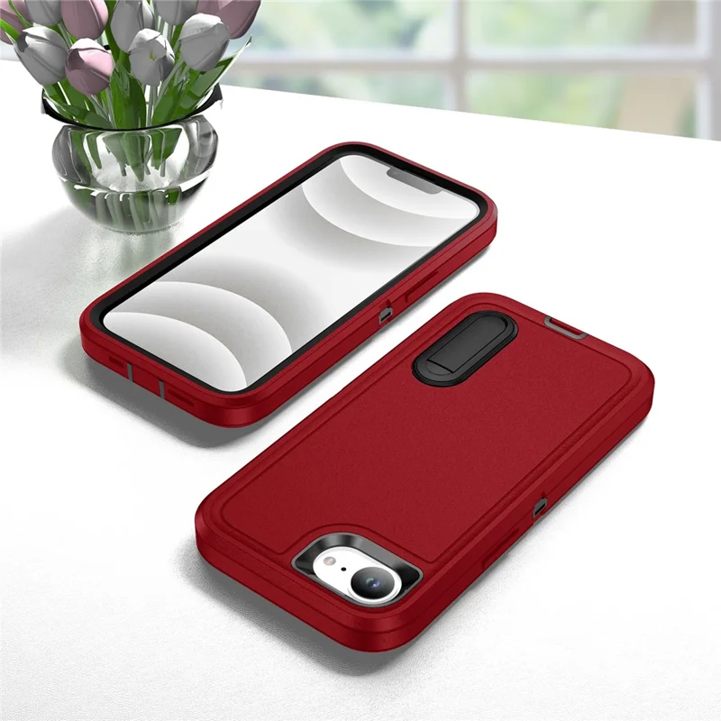 For iPhone 17e / 16e Case Case Kickstand Phone Cover PC + Silicone + EVA 3-in-1 Design - Red + Black