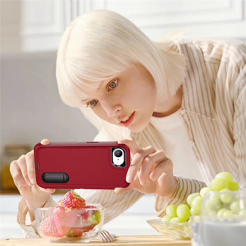 For iPhone 17e / 16e Case Case Kickstand Phone Cover PC + Silicone + EVA 3-in-1 Design - Red + Black