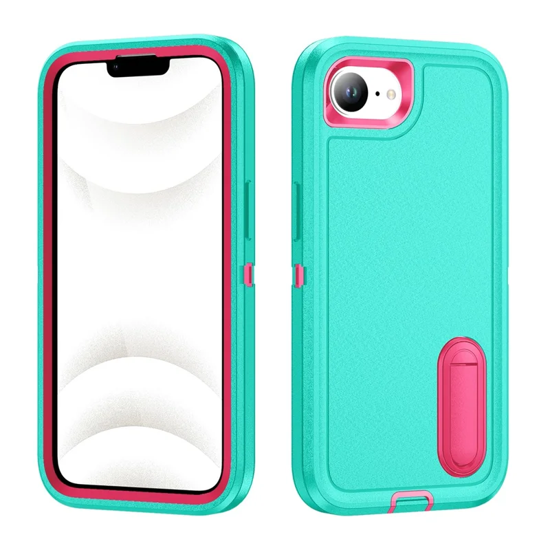 For iPhone 17e / 16e Case Case Kickstand Phone Cover PC + Silicone + EVA 3-in-1 Design - Light Cyan + Rose