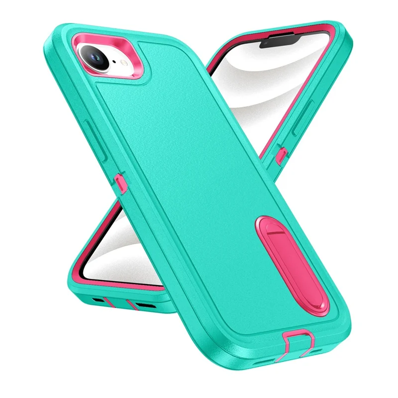 For iPhone 17e / 16e Case Case Kickstand Phone Cover PC + Silicone + EVA 3-in-1 Design - Light Cyan + Rose