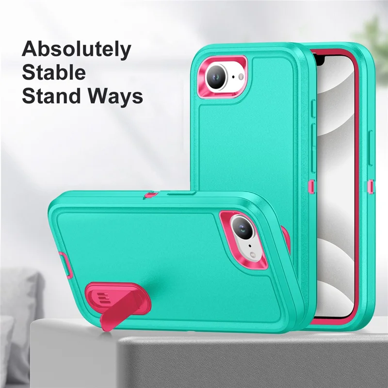 For iPhone 17e / 16e Case Case Kickstand Phone Cover PC + Silicone + EVA 3-in-1 Design - Light Cyan + Rose