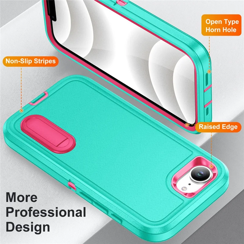 For iPhone 17e / 16e Case Case Kickstand Phone Cover PC + Silicone + EVA 3-in-1 Design - Light Cyan + Rose