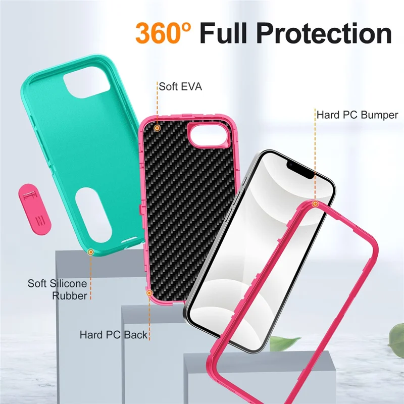 For iPhone 17e / 16e Case Case Kickstand Phone Cover PC + Silicone + EVA 3-in-1 Design - Light Cyan + Rose