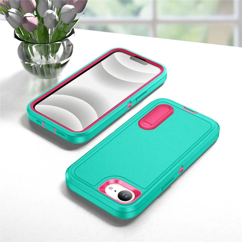 For iPhone 17e / 16e Case Case Kickstand Phone Cover PC + Silicone + EVA 3-in-1 Design - Light Cyan + Rose