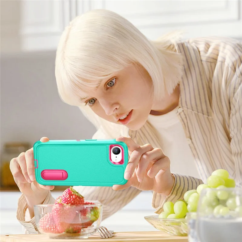 For iPhone 17e / 16e Case Case Kickstand Phone Cover PC + Silicone + EVA 3-in-1 Design - Light Cyan + Rose