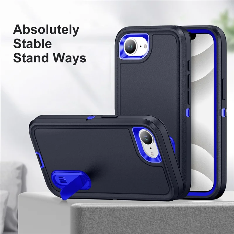 For iPhone 17e / 16e Case Case Kickstand Phone Cover PC + Silicone + EVA 3-in-1 Design - Dark Blue + Sapphire