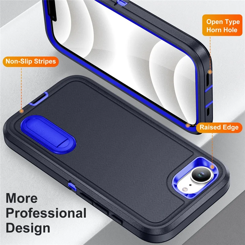 For iPhone 17e / 16e Case Case Kickstand Phone Cover PC + Silicone + EVA 3-in-1 Design - Dark Blue + Sapphire