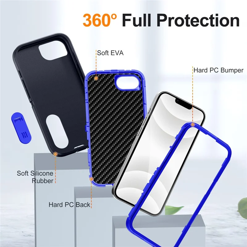 For iPhone 17e / 16e Case Case Kickstand Phone Cover PC + Silicone + EVA 3-in-1 Design - Dark Blue + Sapphire