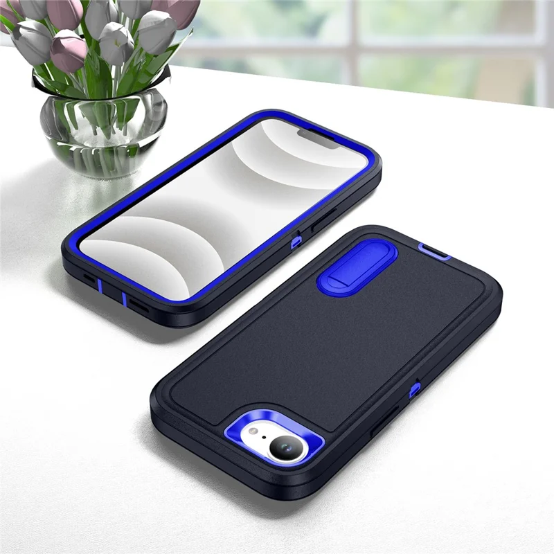 For iPhone 17e / 16e Case Case Kickstand Phone Cover PC + Silicone + EVA 3-in-1 Design - Dark Blue + Sapphire