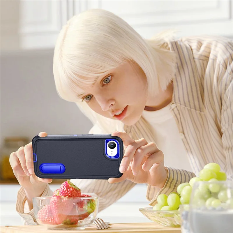 For iPhone 17e / 16e Case Case Kickstand Phone Cover PC + Silicone + EVA 3-in-1 Design - Dark Blue + Sapphire
