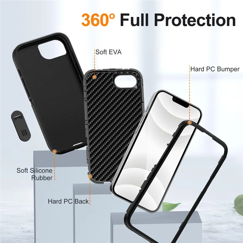 Étui pour iPhone 16e PC + Silicone + EVA 3 en 1 Antichoc - Noir + Noir