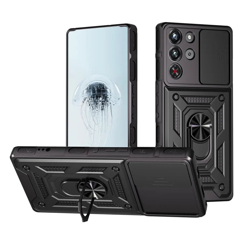 For ZTE nubia RedMagic 10 Pro 5G Case with Slide Camera Lid PC + TPU Kickstand Phone Cover - Black