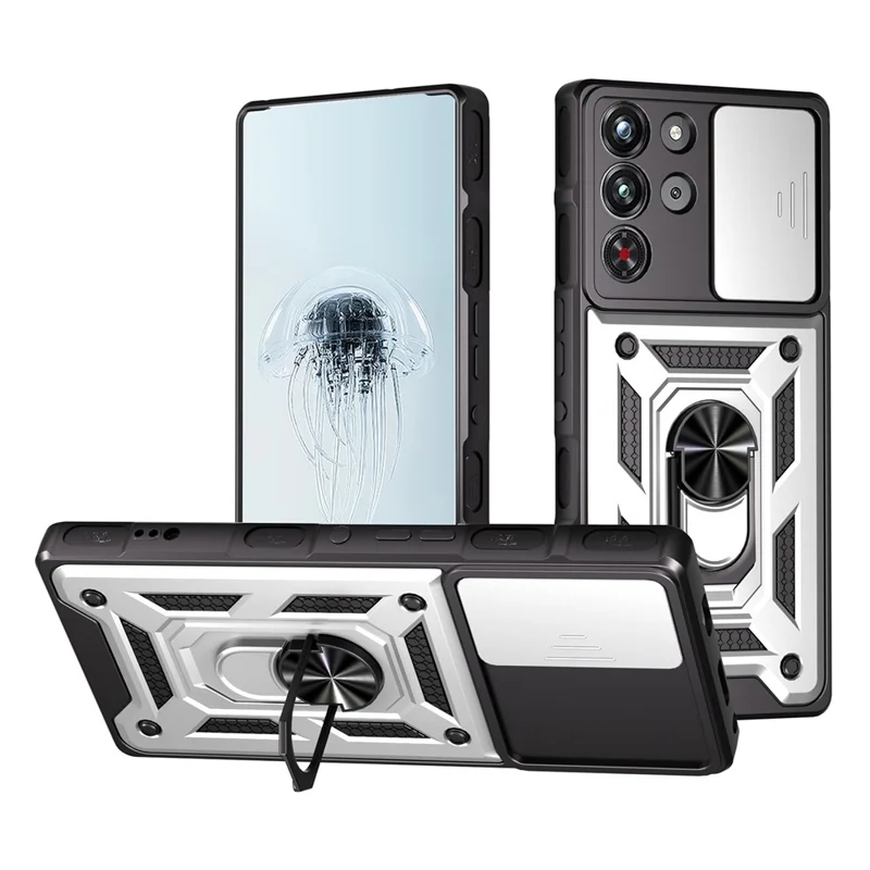 For ZTE nubia RedMagic 10 Pro 5G Case with Slide Camera Lid PC + TPU Kickstand Phone Cover - Silver