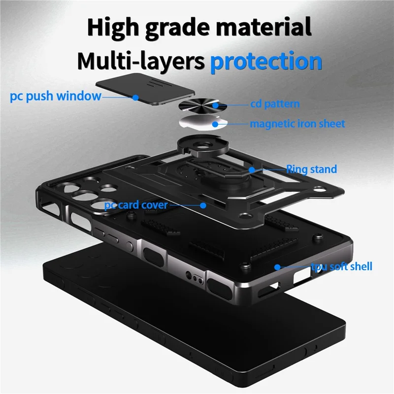 For ZTE nubia RedMagic 10 Pro 5G Case with Slide Camera Lid PC + TPU Kickstand Phone Cover - Silver