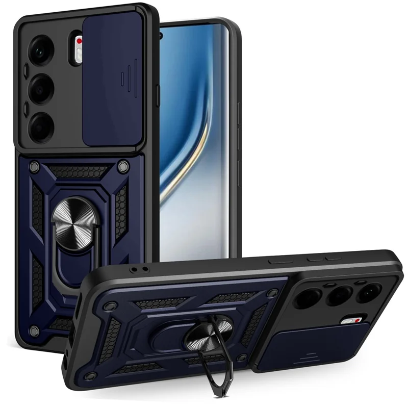 For TECNO Camon 40 Pro 4G Case with Slide Camera Lid PC + TPU Kickstand Phone Cover - Blue