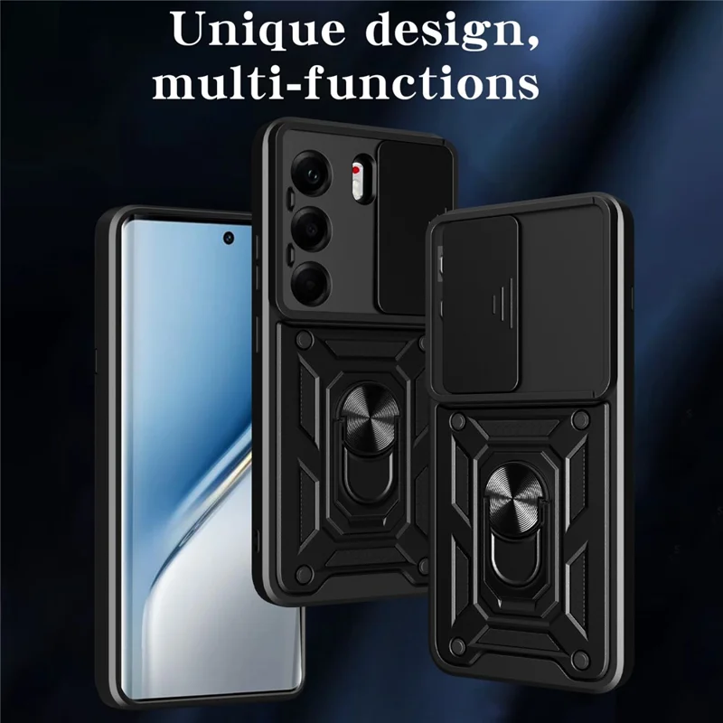 For TECNO Camon 40 Pro 4G Case with Slide Camera Lid PC + TPU Kickstand Phone Cover - Black