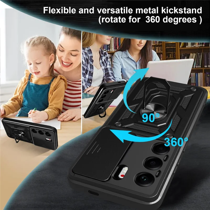 For TECNO Camon 40 Pro 4G Case with Slide Camera Lid PC + TPU Kickstand Phone Cover - Black