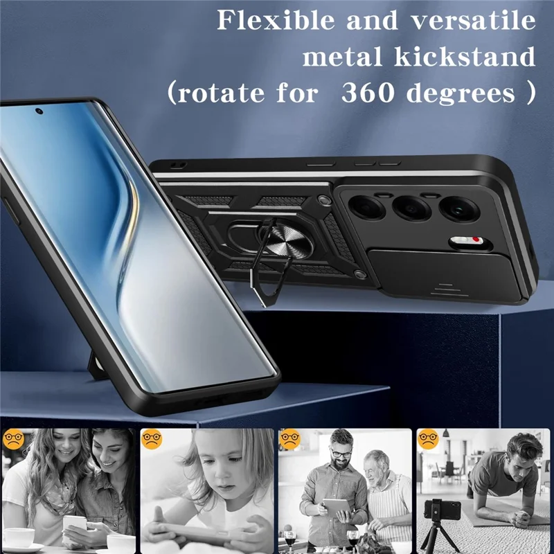 For TECNO Camon 40 Pro 4G Case with Slide Camera Lid PC + TPU Kickstand Phone Cover - Black