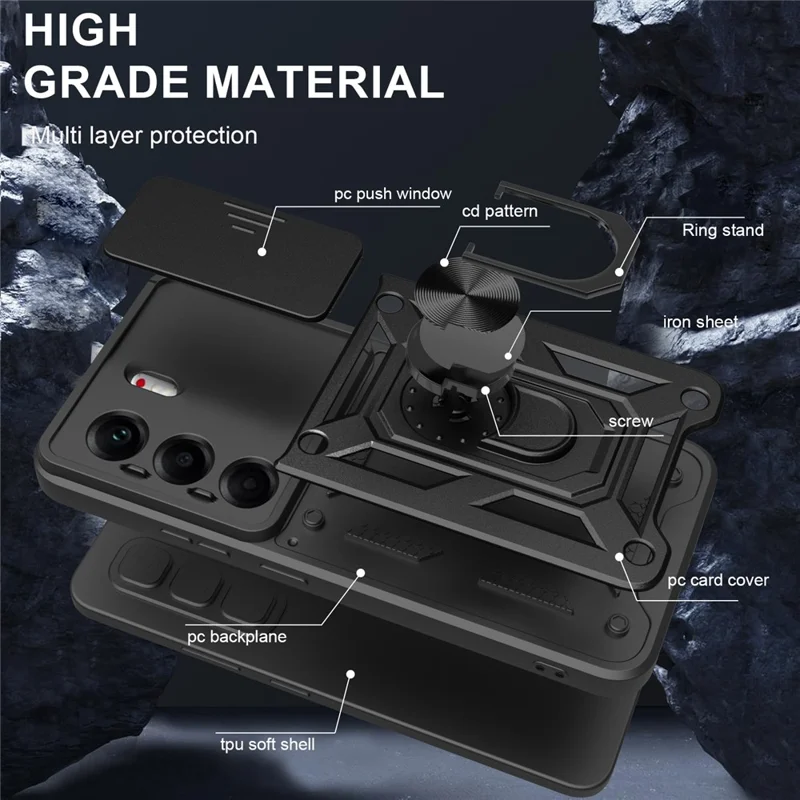 For TECNO Camon 40 Pro 4G Case with Slide Camera Lid PC + TPU Kickstand Phone Cover - Black