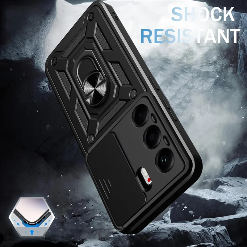 For TECNO Camon 40 Pro 4G Case with Slide Camera Lid PC + TPU Kickstand Phone Cover - Black
