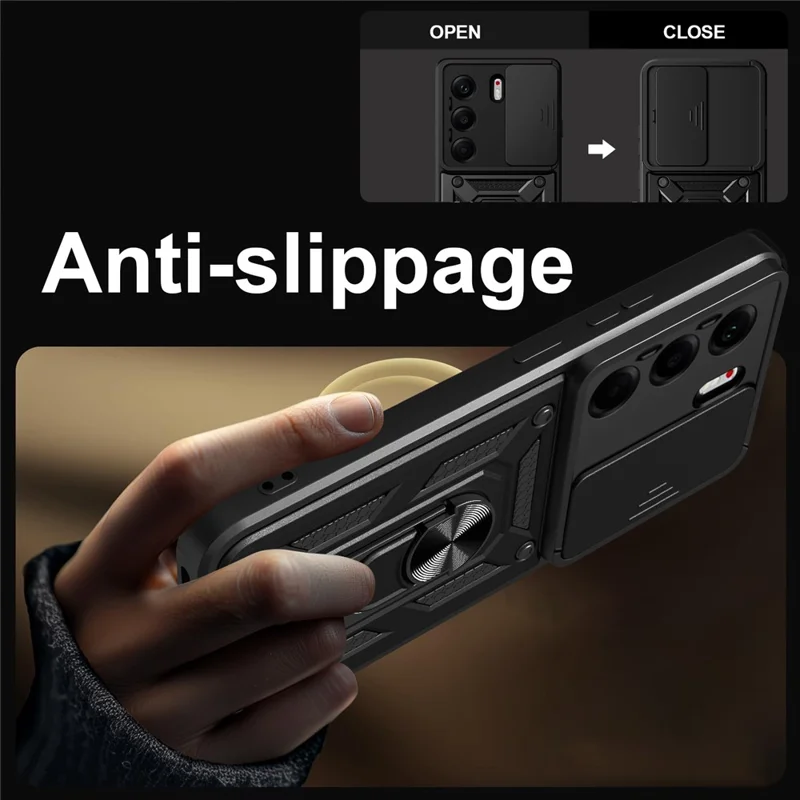 For TECNO Camon 40 Pro 4G Case with Slide Camera Lid PC + TPU Kickstand Phone Cover - Black