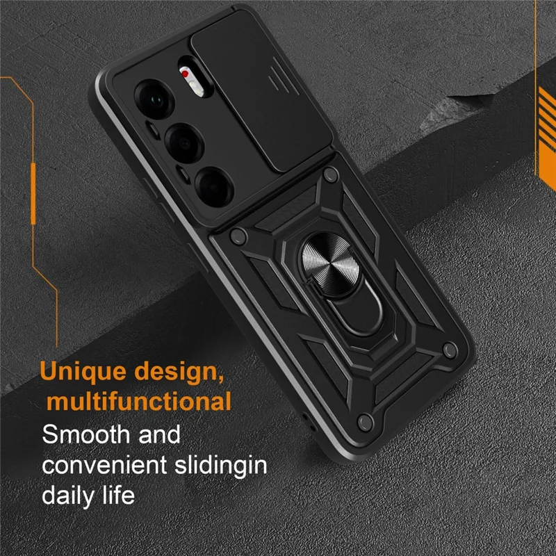 For TECNO Camon 40 Pro 4G Case with Slide Camera Lid PC + TPU Kickstand Phone Cover - Black