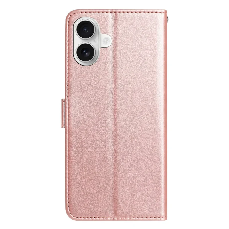 For iPhone 17 Wallet Case Rose Pattern Imprinted Leather Flip Stand Phone Cover with Strap - Rose Gold