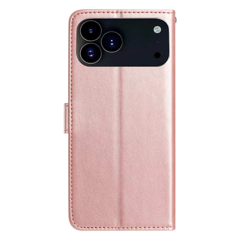 For iPhone 17 Pro Wallet Case Rose Pattern Imprinted Leather Flip Stand Phone Cover with Strap - Rose Gold