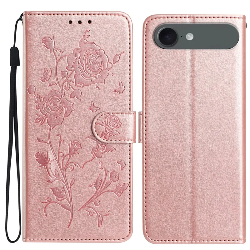 For iPhone 17 Air Wallet Case Rose Pattern Imprinted Leather Flip Stand Phone Cover with Strap - Rose Gold