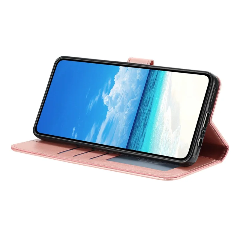 For iPhone 17 Air Wallet Case Rose Pattern Imprinted Leather Flip Stand Phone Cover with Strap - Rose Gold